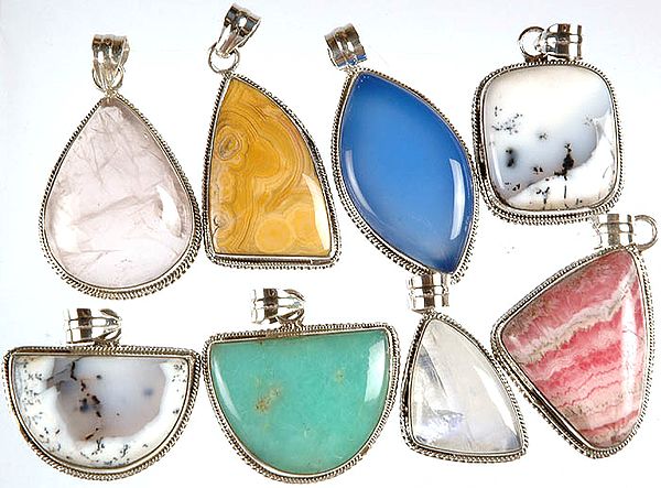 Lot of Eight Gemstone Pendants (Rose Quartz, Agate, Blue Chalcedony, Dendrite, Dendrite, Chrysoprase, Rainbow Moonstone and Rhodochrosite)