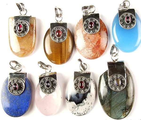 Lot of Eight Gemstone Pendants (Rutilated Quartz, Tiger Eye, Picture Jasper, Blue Chalcedony, Lapis lazuli, Rose Quartz, Dendrite and Labradorite)