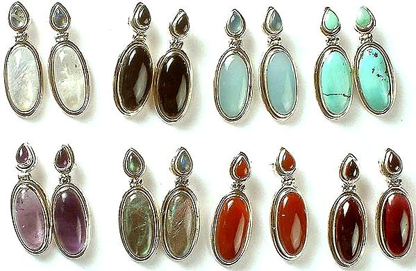 Lot of Eight Gemstone Post Earrings<br>(Rainbow Moonstone, Black Onyx, Blue Chalcedony, Turquoise, Amethyst, Labradorite, Carnelian & Garnet)