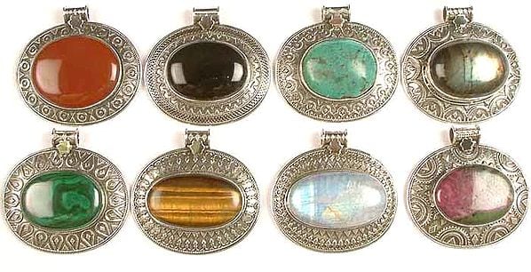 Lot of Eight Granulated Gemstone Pendants<br>(Carnelian, Black Onyx, Turquoise, Labradorite, Malachite, Tiger Eye, Rainbow Moonstone & Ruby Zoisite)