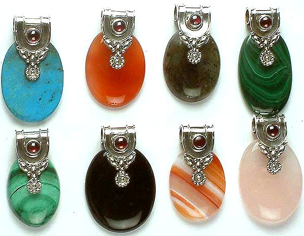 Lot of Eight Oval Gemstone Pendants with Garnet<br>(Turquoise, Carnelian, Labradorite, Malachite, Malachite, Black Onyx, Carnelian & Rose Quartz)