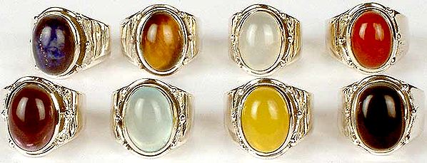 Lot of Eight Oval Gemstone Rings<br>(Lapis Lazuli, Tiger Eye, Chalcedony, Carnelian, Amethyst, Blue Chalcedony, Yellow Chalcedony & Black Onyx)