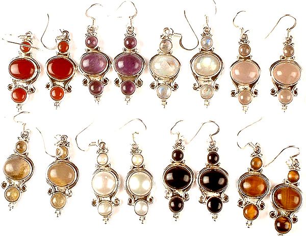 Lot of Eight Triple Gemstone Earrings<br>(Carnelian, Amethyst, Rainbow Moonstone, Rose Quartz, Golden Rutile, Pearl, Black Onyx & Tiger Eye)