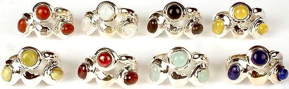 Lot of Eight Triple Gemstone Rings<br>(Jasper, Rainbow Moonstone, Black Onyx, Yellow Chalcedony, Canadian Jade, Garnet, Peru Chalcedony & Lapis Lazuli)