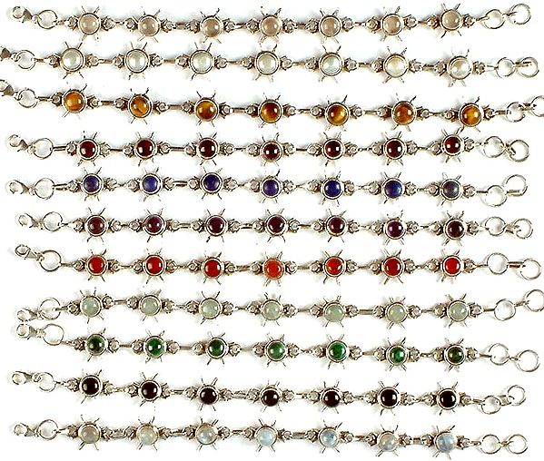 Lot of Eleven Gemstone Bracelets<br>(Rose Quartz, Pearl, Tiger Eye, Garnet, Lapis Lazuli, Amethyst, Carnelian, Aquamarine, Malachite, Black Onyx & Rainbow Moonstone)