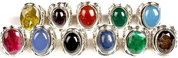 Lot of Eleven Gemstone Rings (Faceted Lemon Topaz, Amethyst, Carnelian, Green Onyx, Blue Chalcedony, Faceted Ruby, Blue Chalcedony, Black Onyx, Lapis Lazuli, Emerald and Faceted Smoky Quartz)