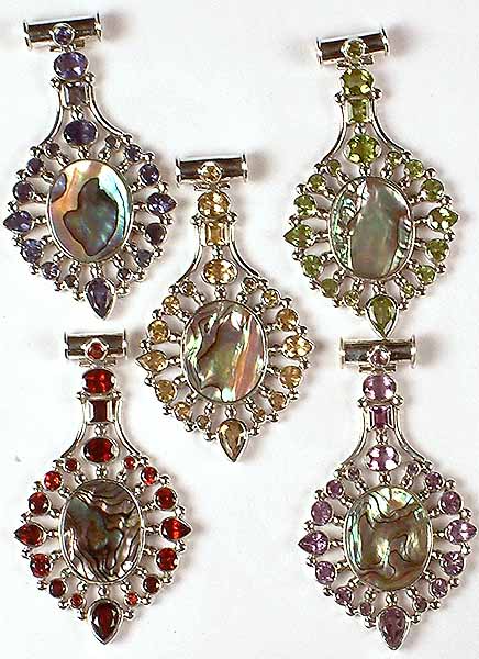 Lot of Five Abalone Pendants with Gemstones