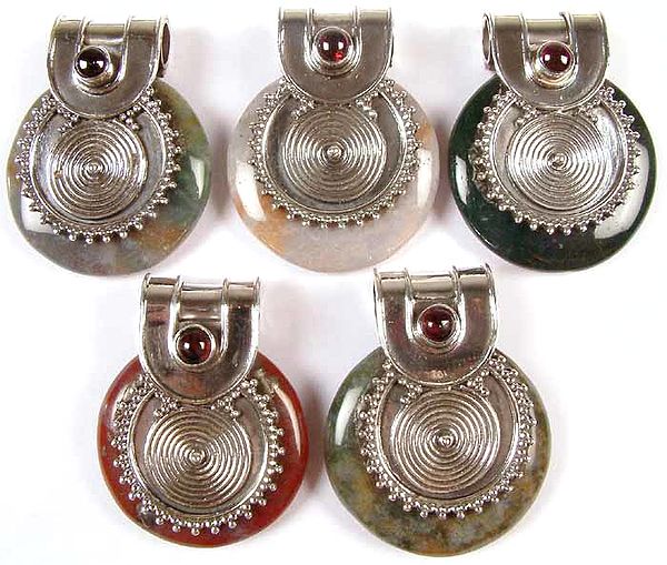 Lot of Five Agate Pendants with Garnet