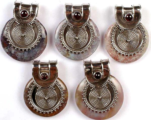 Lot of Five Agate Pendants with Garnet