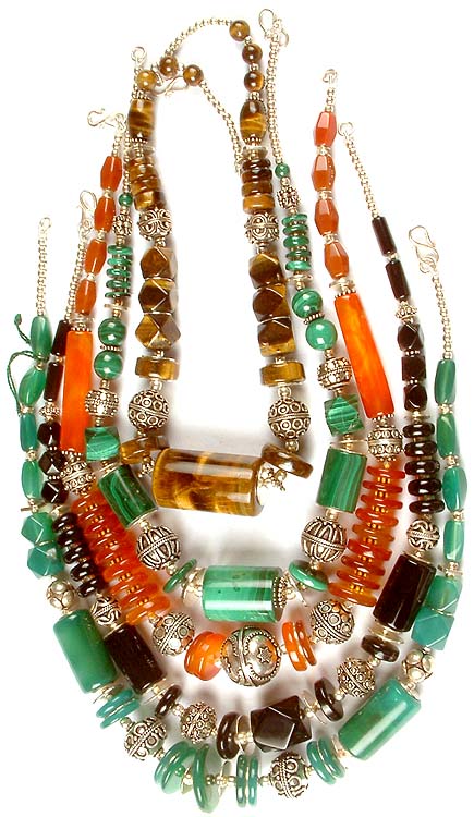 Lot of Five Beaded Necklaces (Tiger Eye, Malachite, Carnelian, Black Onyx & Green Onyx)