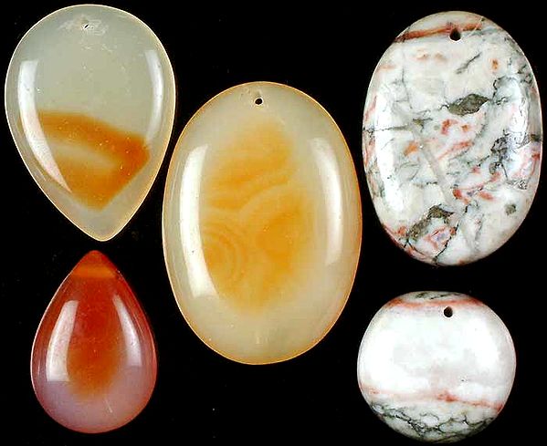 Lot of Five Carnelian and Picture Jasper Cabochons (Both Top and Side Drilled)