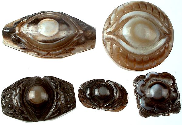 Lot of Five Carved Onyx Evil Eye Beads with Flower