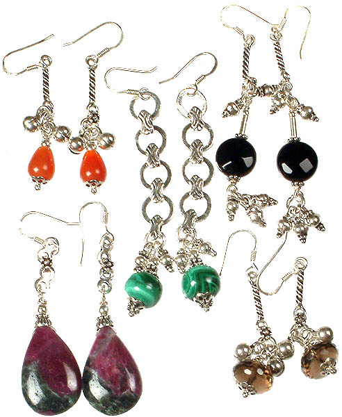 Lot of Five Dangling Gemstone Earrings<br> (Carnelian, Malachite, Black Onyx, Ruby Zoisite and Smoky Quartz)