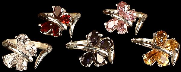 Lot of Five Designer Butterfly Rings <br>(Faceted Garnet, Cubic Zirconia, Cubic Zirconia, Iolite and Citrine)