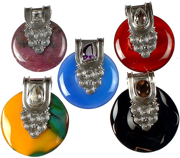 Lot of Five Donut Pendants with Faceted Gems (Ruby Zoisite, Carnelian, Blue Chalcedony, Dual Tone Onyx and Black Onyx)