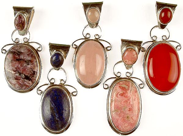 Lot of Five Double Gemstone Pendants<br>(Chaorite, Rose Quartz, Carnelian, Lapis Lazuli & Rhodochrosite)