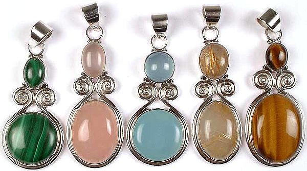 Lot of Five Double Stone Pendants with Spirals