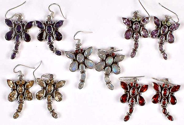 Lot of Five Dragon Fly Earrings (Iolite, Citrine, Rainbow Moonstone, Amethyst & Garnet)