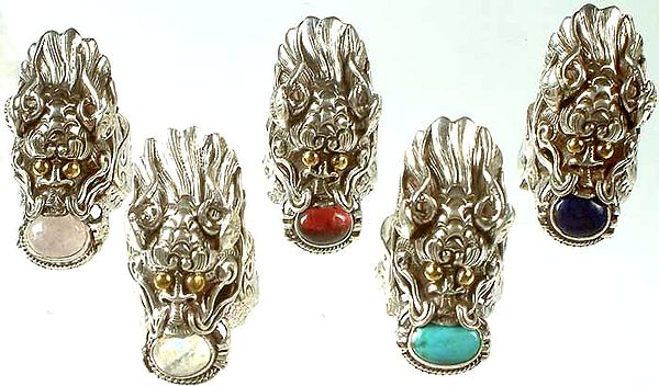 Lot of Five Dragon Gemstone Rings (Rose Quartz, Garnet, Lapis Lazuli, Rainbow Moonstone and Turquoise)