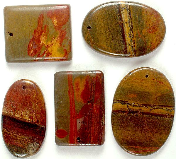 Lot of Five Drilled Picture Jasper Cabochons