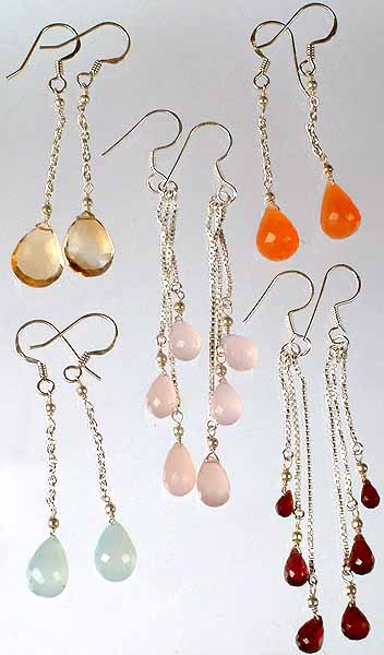 Lot of Five Drop and Pear Earrings (Citrine, Carnelian, Rose Quartz, Blue Chalcedony and Garnet)