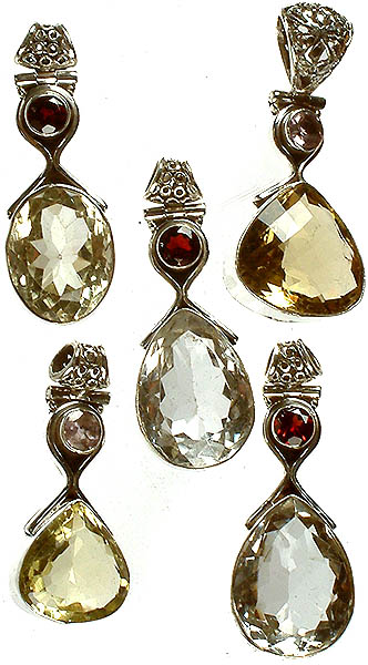Lot of Five Faceted Crystal and Lemon Topaz Pendants