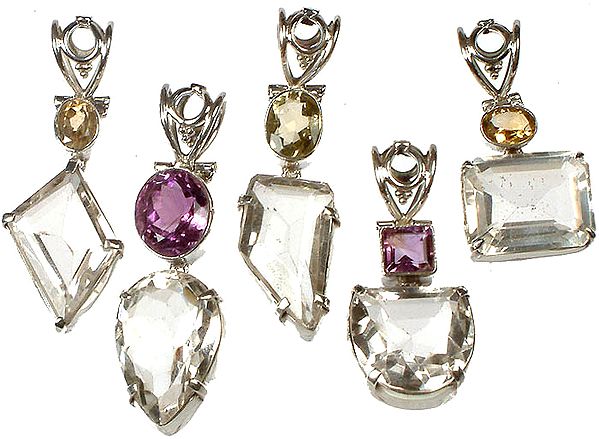 Lot of Five Faceted Crystal Pendants with Citrine, Amethyst and Lemon Topaz