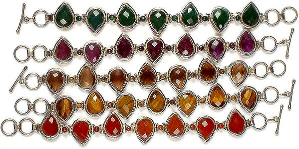 Lot of Five Faceted Gemstone Bracelets<br>(Green Onyx, Amethyst, Smoky Quartz, Tiger Eye & Carnelian)