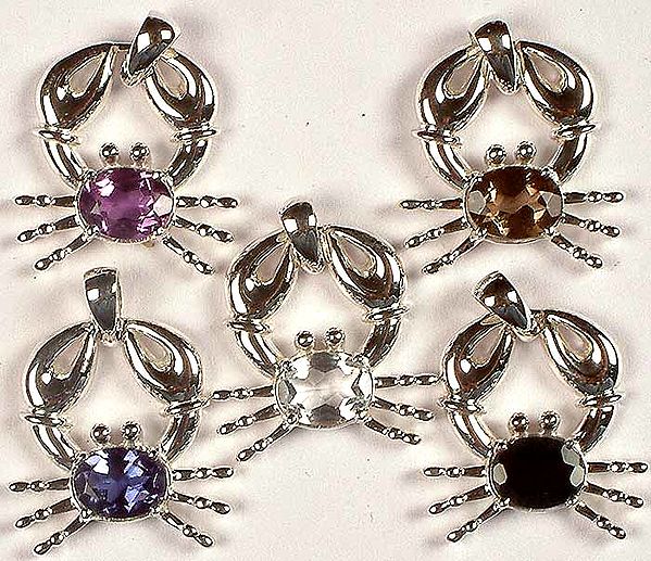 Lot of Five Faceted Gemstone Crab Pendants<br>(Amethyst, Smoky Quartz, Zircon, Iolite & Black Onyx)