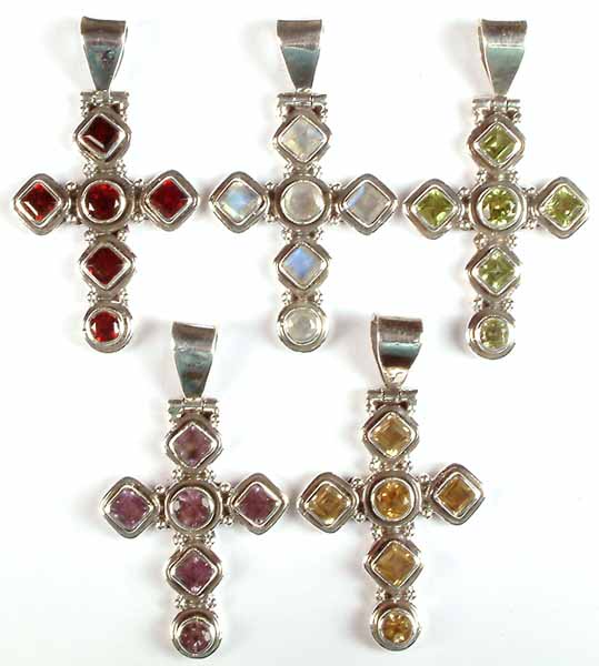 Lot of Five Faceted Gemstone Cross Pendants