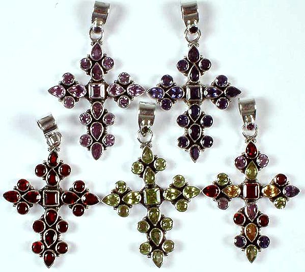 Lot of Five Faceted Gemstone Cross Pendants
