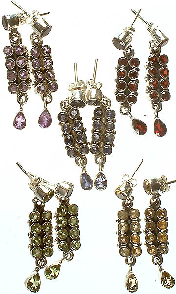 Lot of Five Faceted Gemstone Earrings (Amethyst, Garnet, Iolite, Peridot, Citrine)