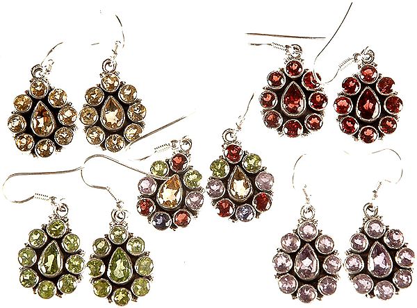 Lot of Five Faceted Gemstone Earrings (Citrine, Garnet, Multi-color Gemstones, Peridot and Amethyst)