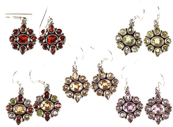 Lot of Five Faceted Gemstone Earrings (Garnet, Peridot, Citrine, Multi-color Gemstones and Amethyst0
