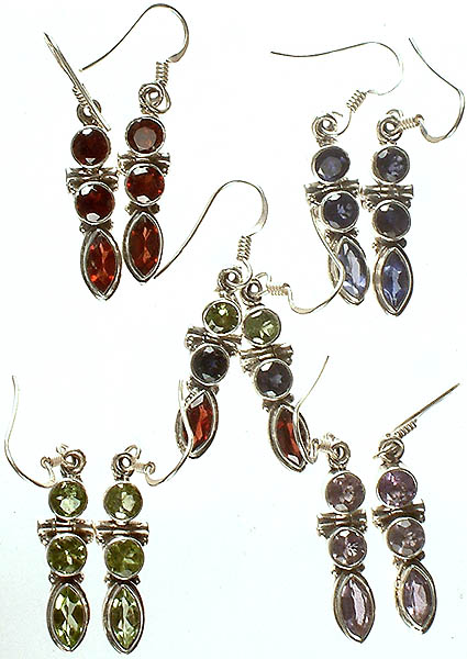 Lot of Five Faceted Gemstone Earrings (Multicolor, Garnet, Iolite, Peridot, Amethyst)