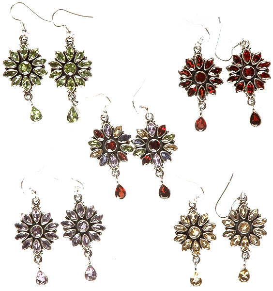 Lot of Five Faceted Gemstone Earrings (Peridot, Garnet, Multi-Color Gemstones, Amethyst and Citrine)