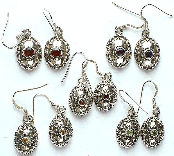 Lot of Five Faceted Gemstone Earrings<br>(Garnet, Iolite, Garnet, Citrine & Peridot)