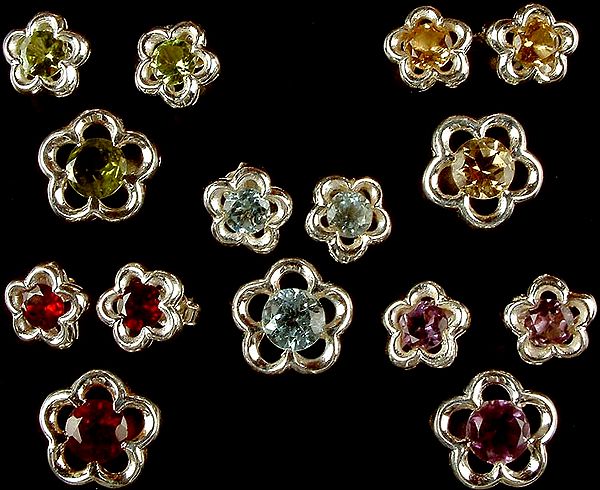 Lot of Five Faceted Gemstone Floral Pendants & Earrings Sets<br>(Peridot, Citrine, Blue Topaz, Garnet & Amethyst)