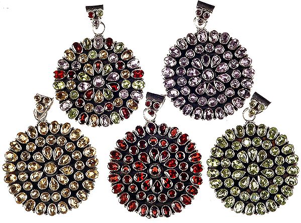 Lot of Five Faceted Gemstone Mandala Pendants (Amethyst with Garnet, Peridot and Citrine, Amethyst, Citrine, Garnet and Peridot)