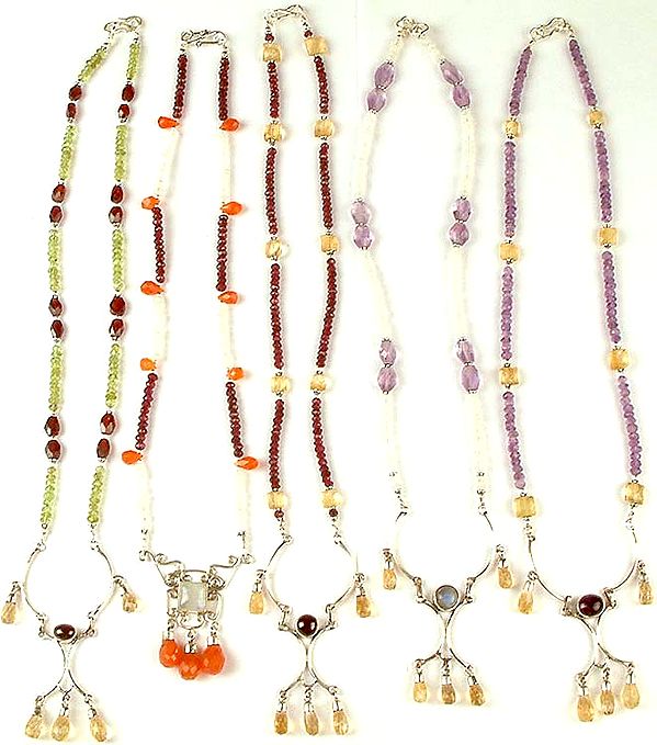 Lot of Five Faceted Gemstone Necklaces with Dangling Drops