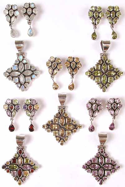 Lot of Five Faceted Gemstone Pendant & Earrings Sets