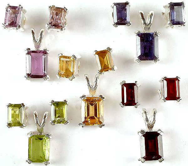 Lot of Five Faceted Gemstone Pendant & Earrings Sets<br>(Amethyst, Iolite, Citrine, Peridot & Garnet)