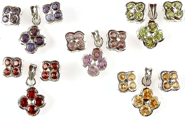 Lot of Five Faceted Gemstone Pendants & Earrings Sets<br>(Iolite, Peridot, Amethyst, Garnet & Citrine)