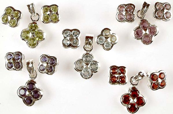 Lot of Five Faceted Gemstone Pendants & Earrings Sets<br>(Peridot, Amethyst, Blue Topaz, Iolite & Garnet)