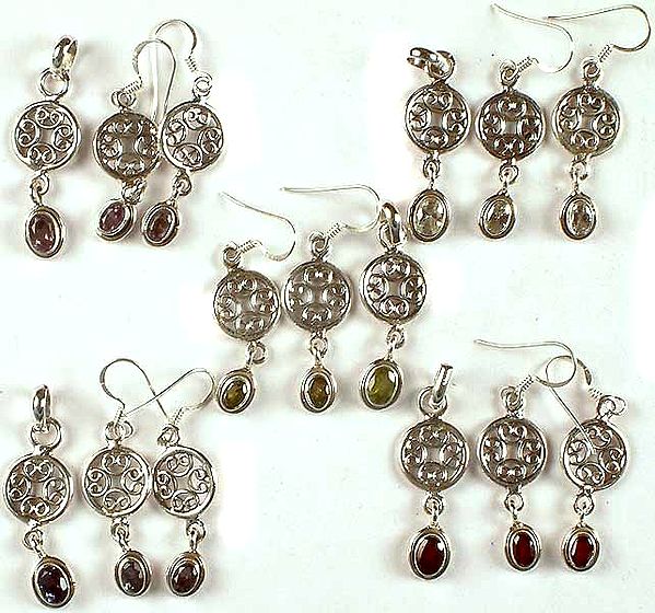 Lot of Five Faceted Gemstone Pendants & Earrings Sets<br>(Amethyst, Zircon, Peridot, Iolite & Garnet)