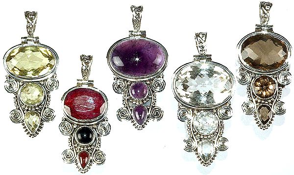 Lot of Five Faceted Gemstone Pendants (Lemon Topaz, Ruby with Black Onyx and Garnet, Amethyst, Crystal and Smoky Quartz)