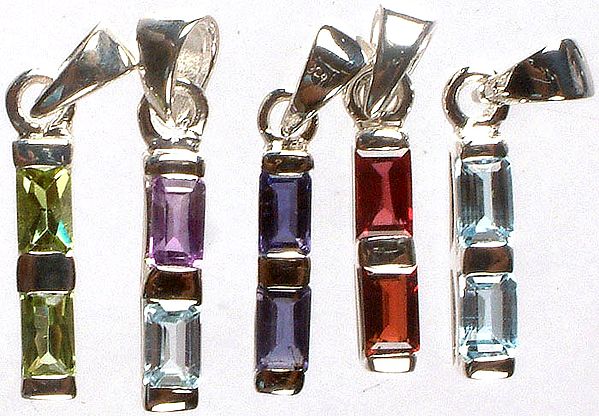 Lot of Five Faceted Gemstone Pendants (Peridot, Amethyst with Blue Topaz, Lapis Lazuli, Garnet and Blue Topaz)