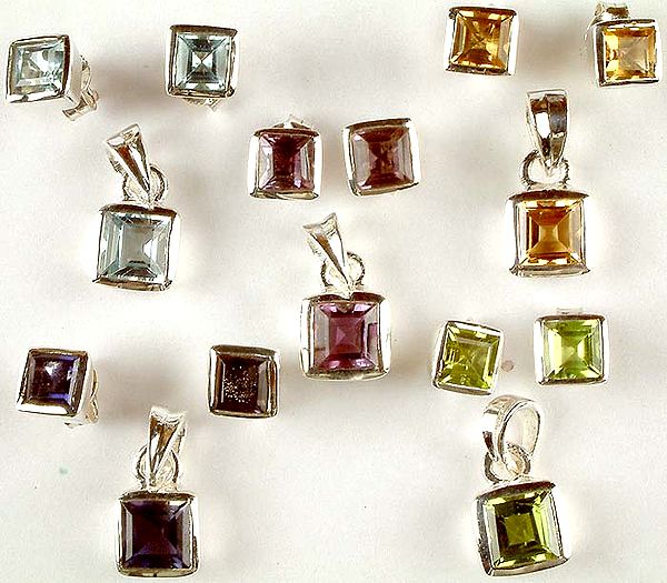 Lot of Five Faceted Gemstone Pendants with Matching Earrings<br>(Blue Topaz, Citrine, Amethyst, Iolite & Peridot)