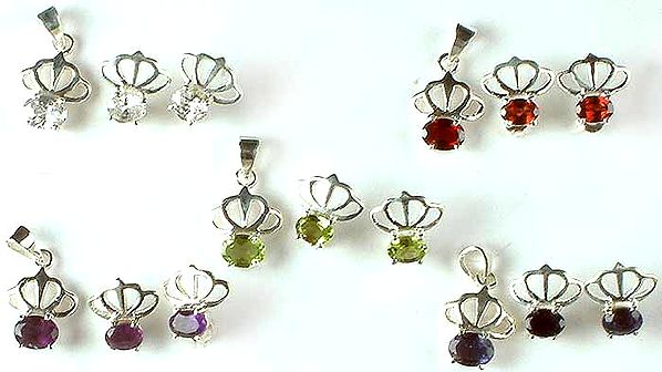 Lot of Five Faceted Gemstone Pendants with Matching Earrings<br>(Cubic Zirconia, Garnet, Peridot, Amethyst & Iolite)
