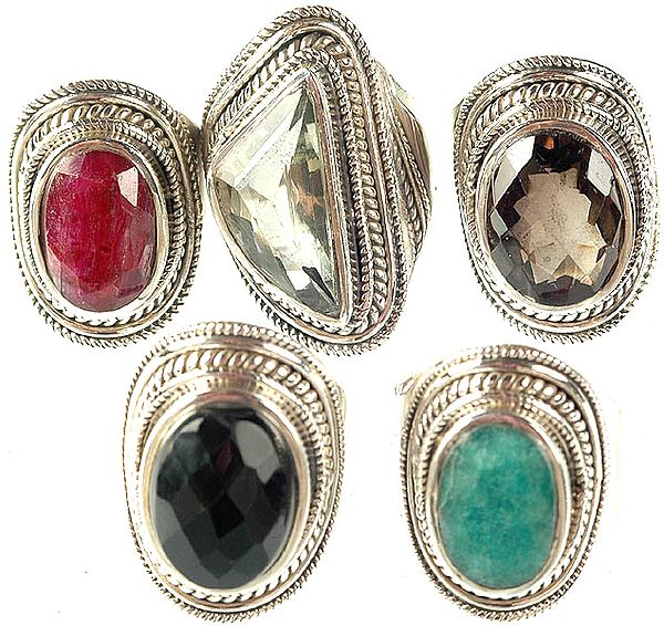 Lot of Five Faceted Gemstone Rings (Ruby, Green Amethyst, Smoky Quartz, Black Onyx and Emerald)